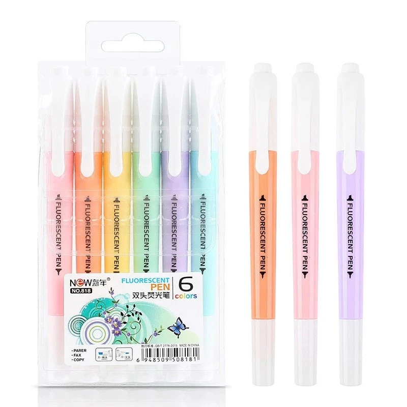 6pcs Teeb Ob Lub Taub Hau Fluorescent Highlighter Pen Ma